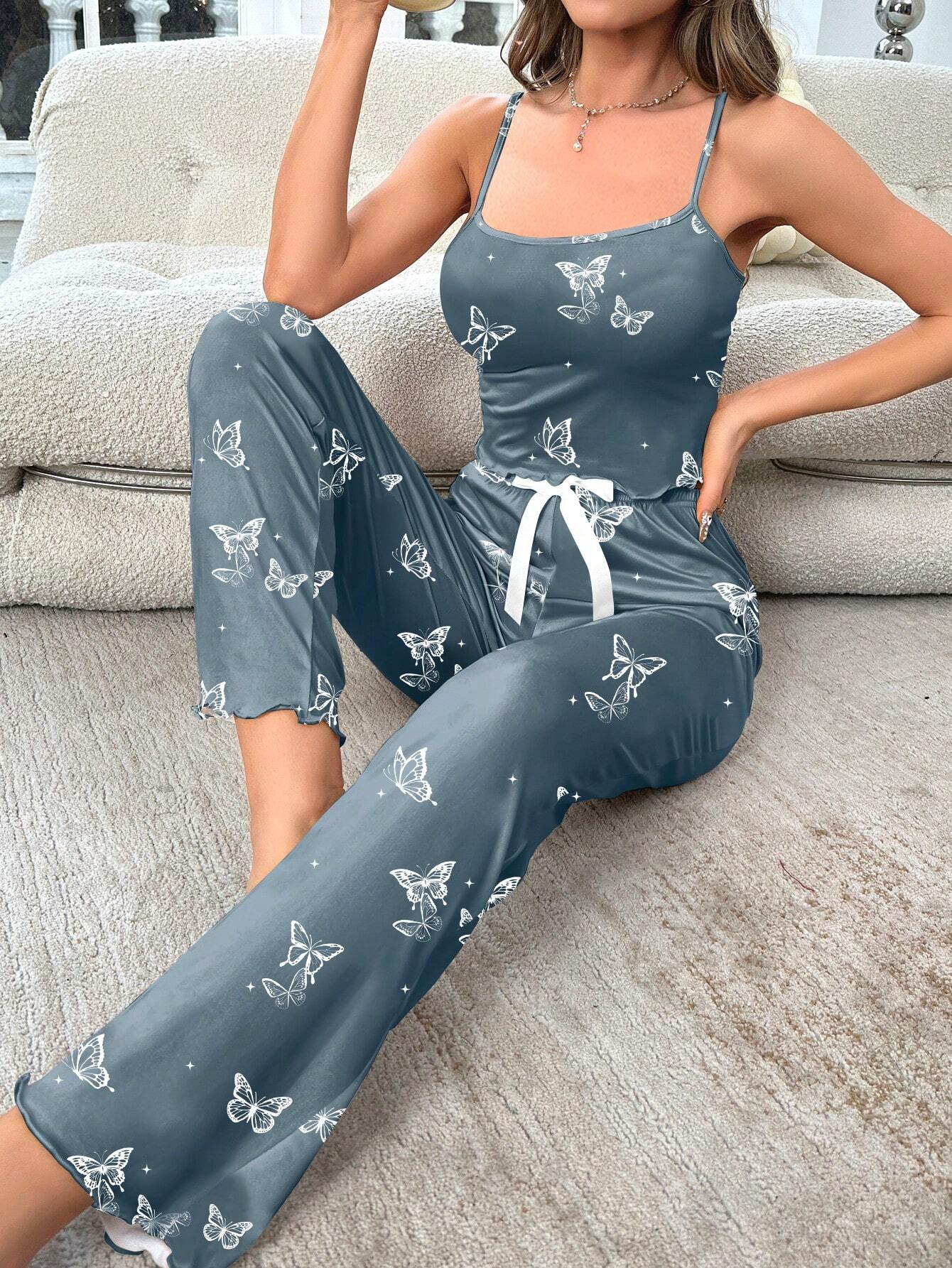 Butterfly Printed Cami Tank Top And Pants Pajama Set