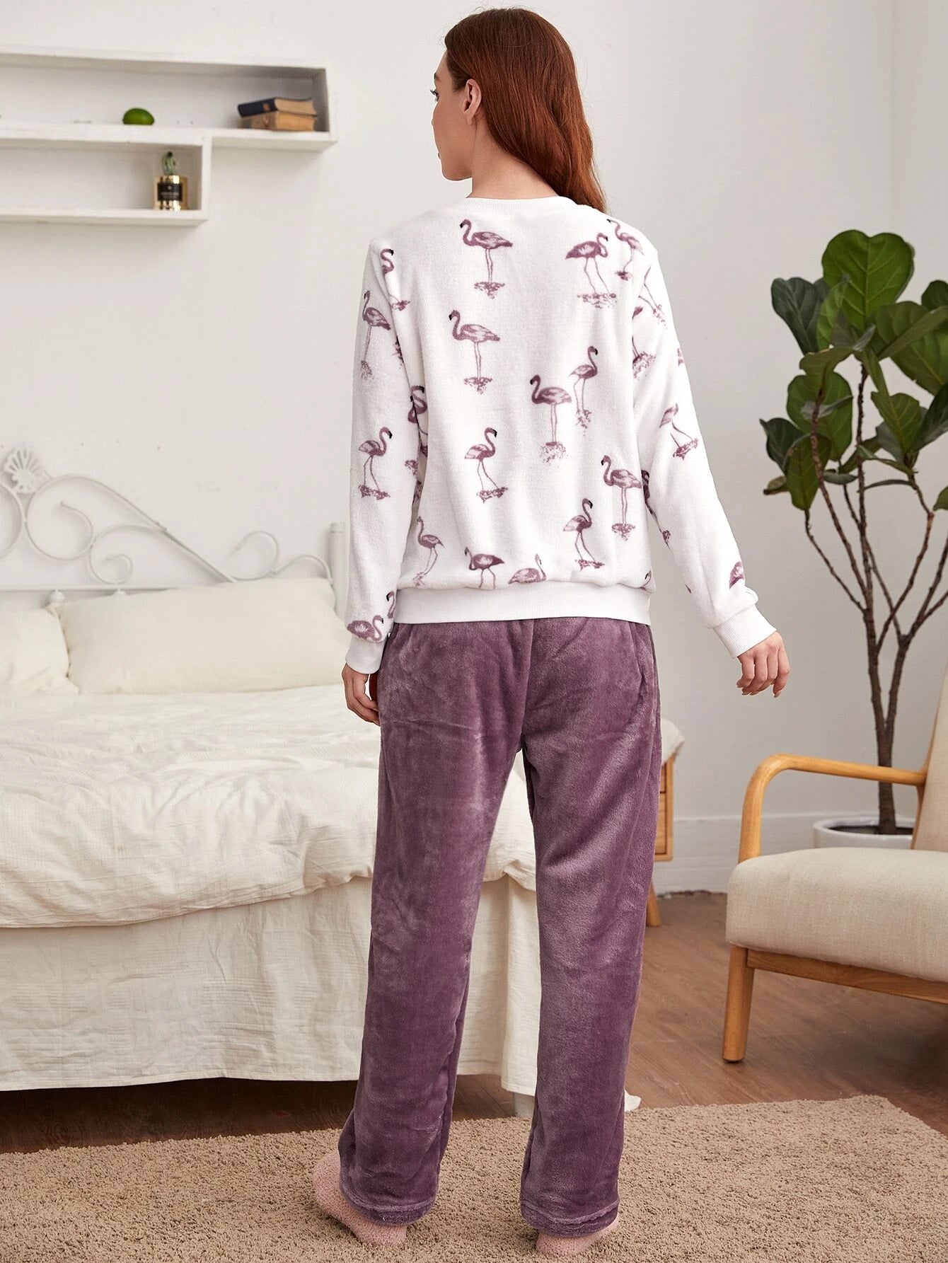 Flamingo Pattern Flannel Top &amp; Pants PJ Set / Pajama Set