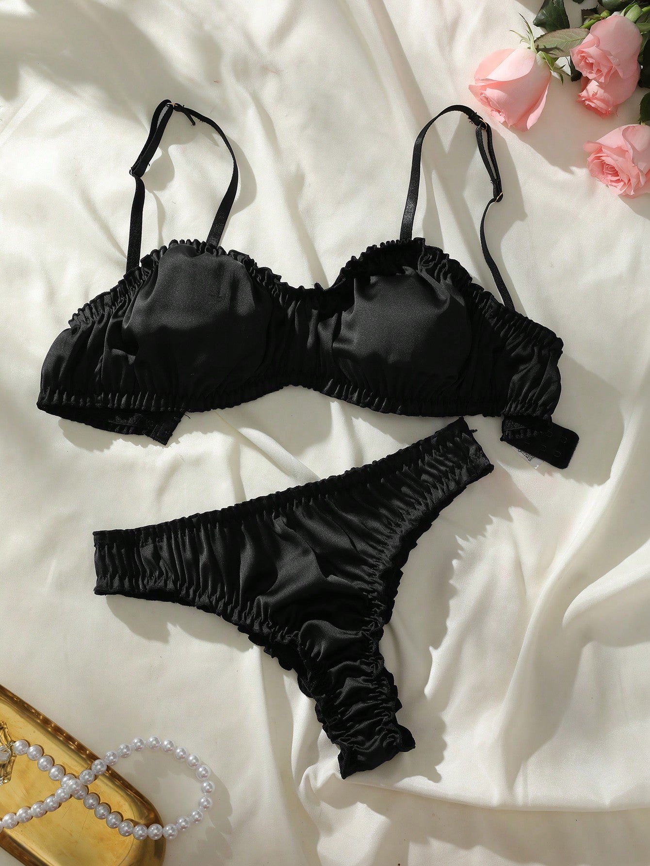 Frill Trim Satin Lingerie Set S Black