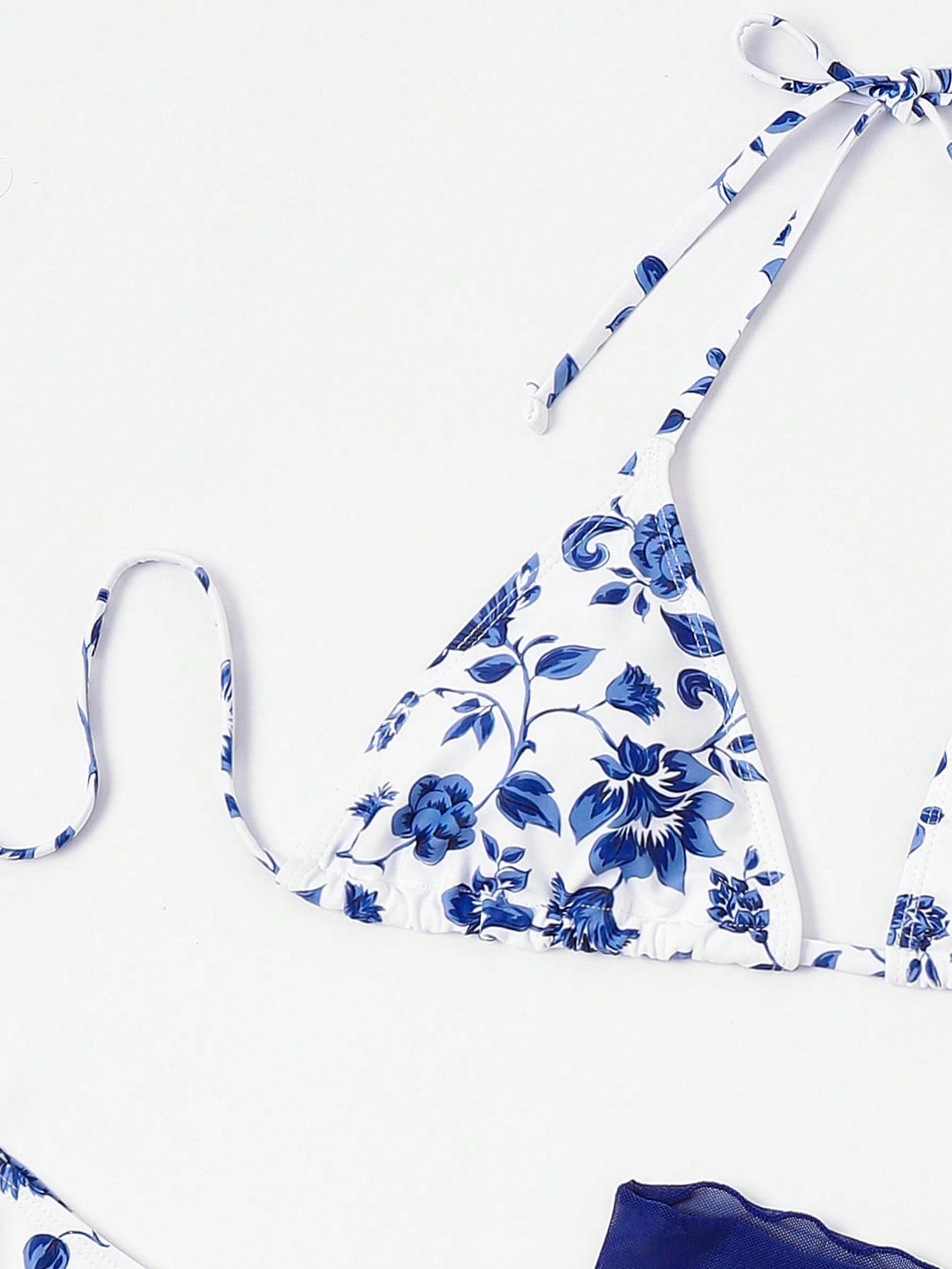 SHEIN Swim Mod Floral Print Halter Triangle Bikini Swimsuit With Beach Skirt