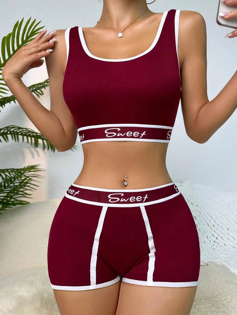 Letter Graphic Contrast Binding Lingerie Set Burgundy