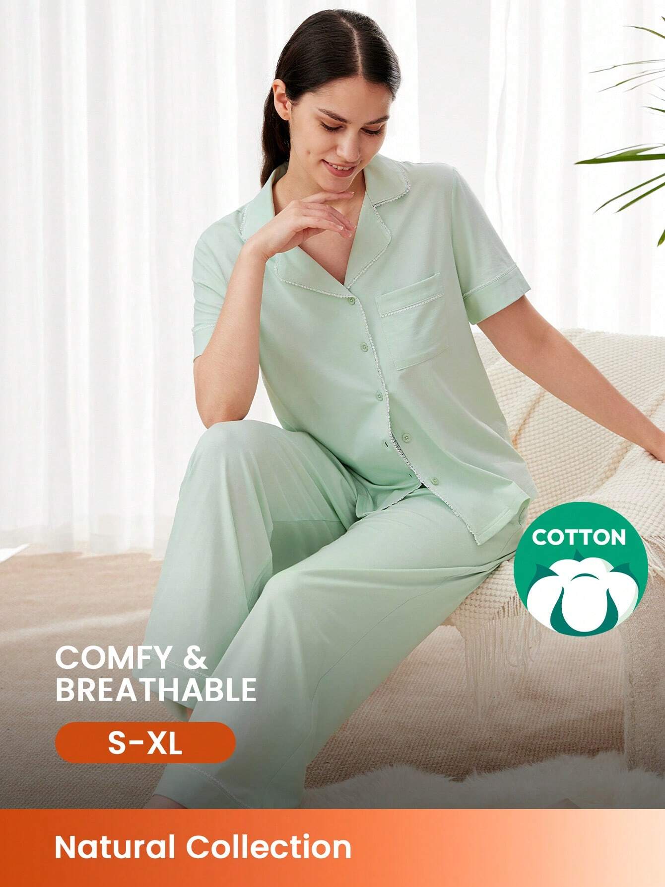 LUVLETTE Soft Cotton &amp; Modal Ginger Yellow Basic Long Women Bridesmaid Pajama Sets Mint Green