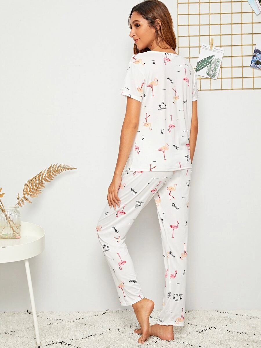 Flamingo Print PJ Set With Eye Cover