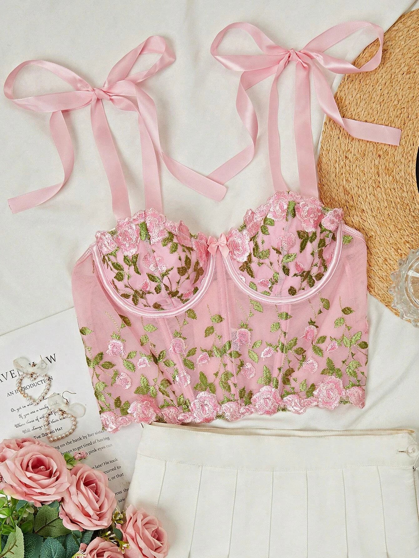 Floral Embroidery Mesh Overlay Tie Shoulder Cami Top Lingerie