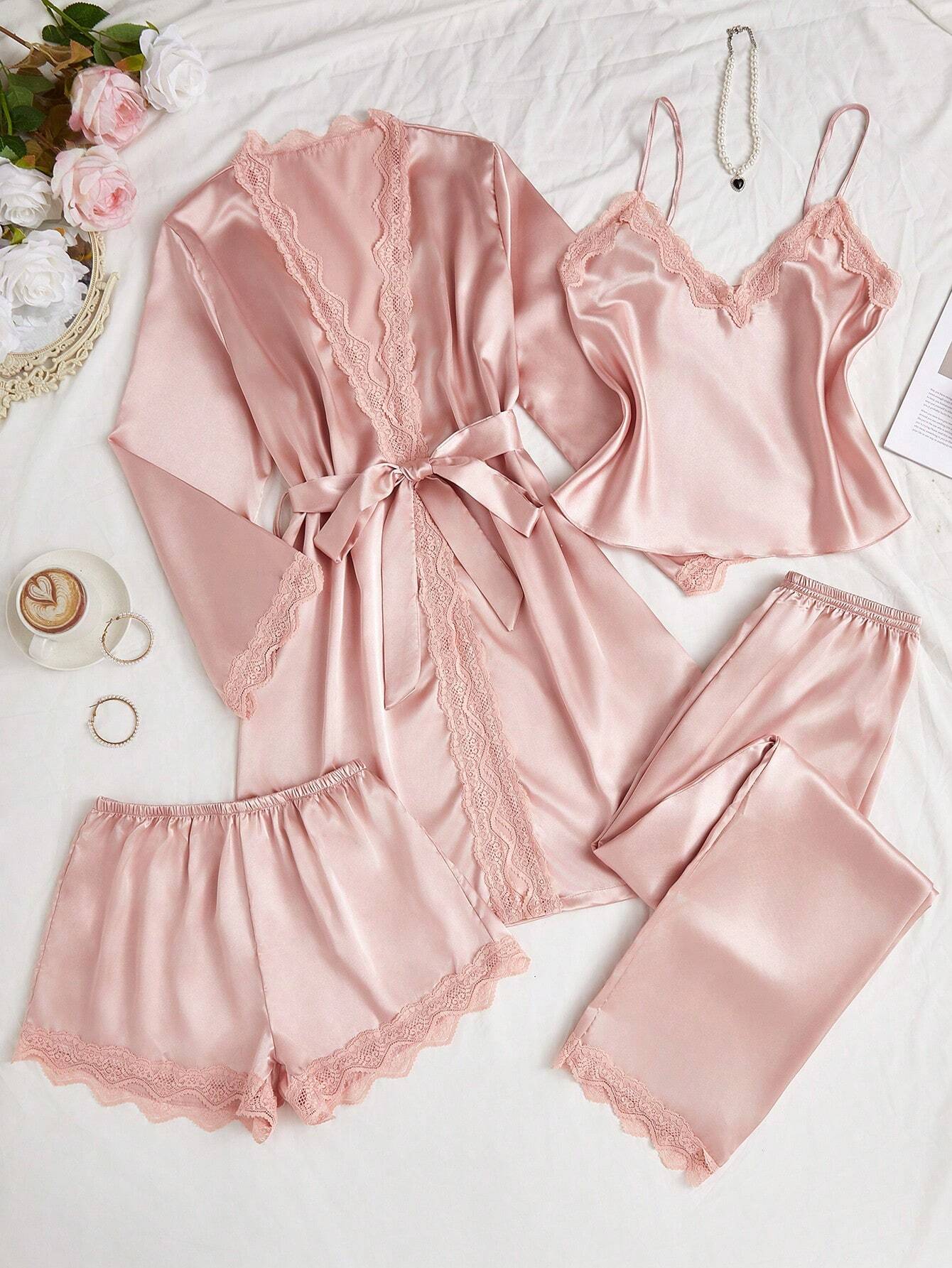4pcs Lace Patchwork Silk Imitation Set Of Cami Top & Shorts, Pants, And Robe, Pajama Set