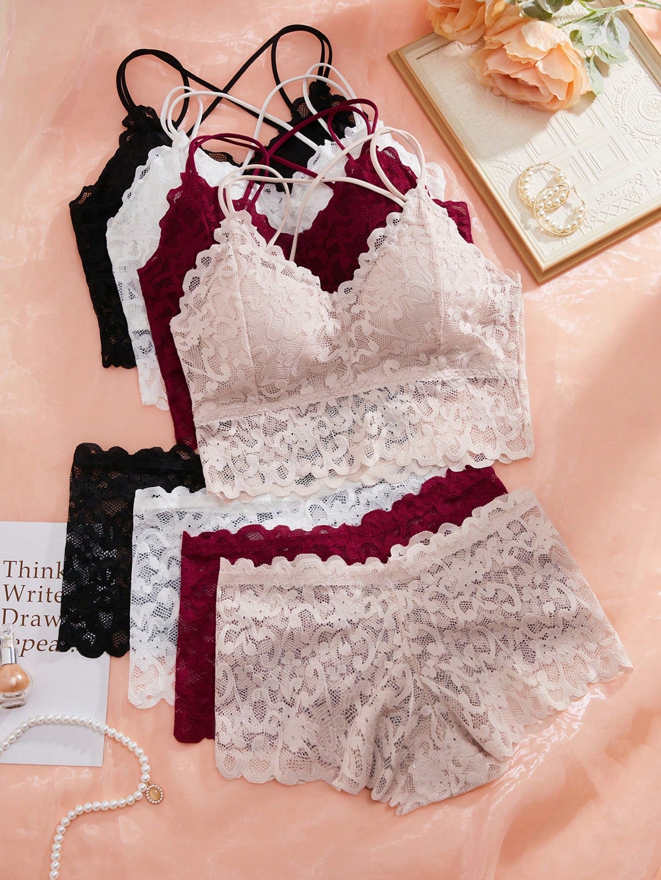4sets Floral Lace Bra & Boyshorts Lingerie Set
