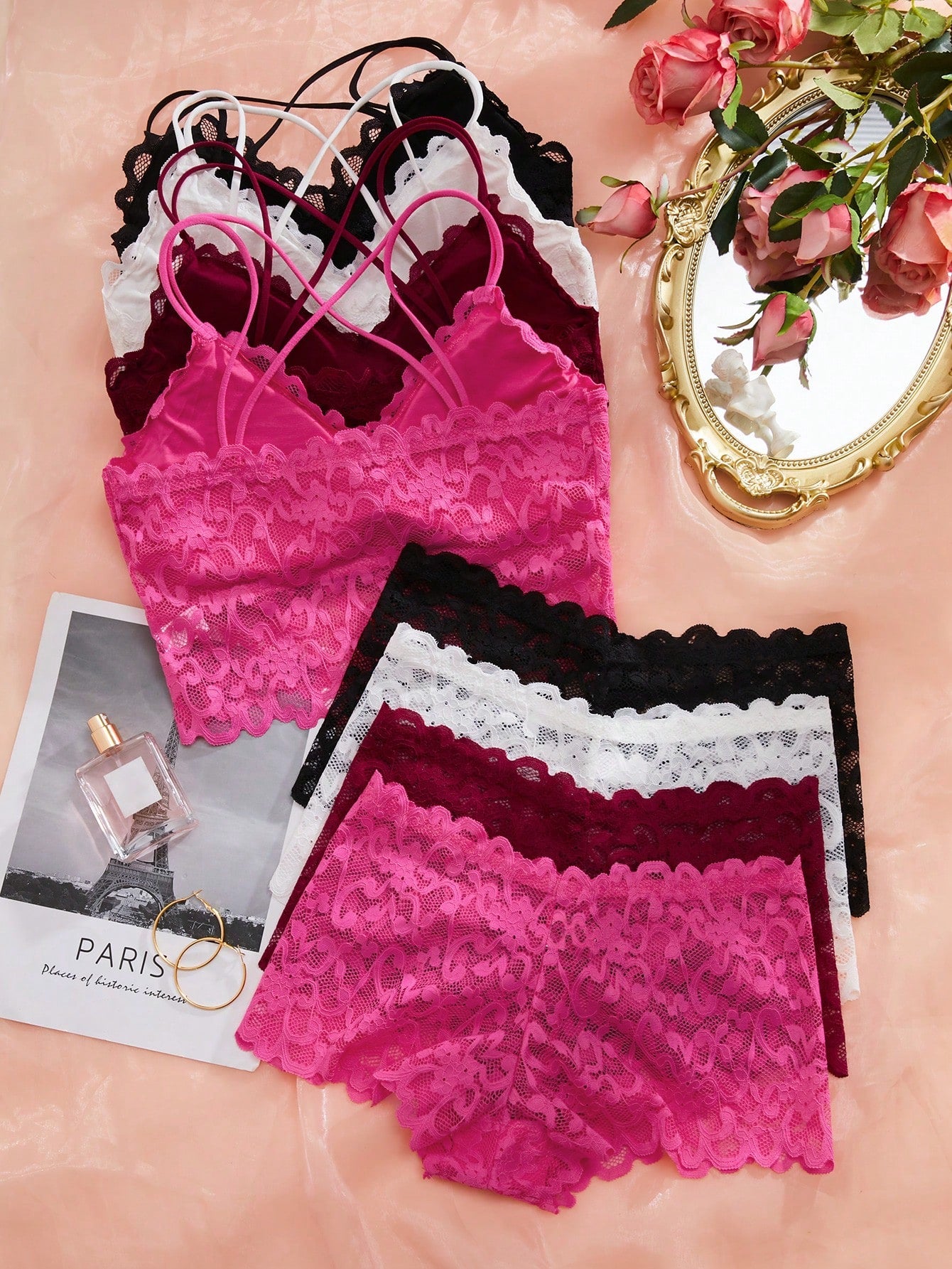4sets Floral Lace Bra & Boyshorts Lingerie Set
