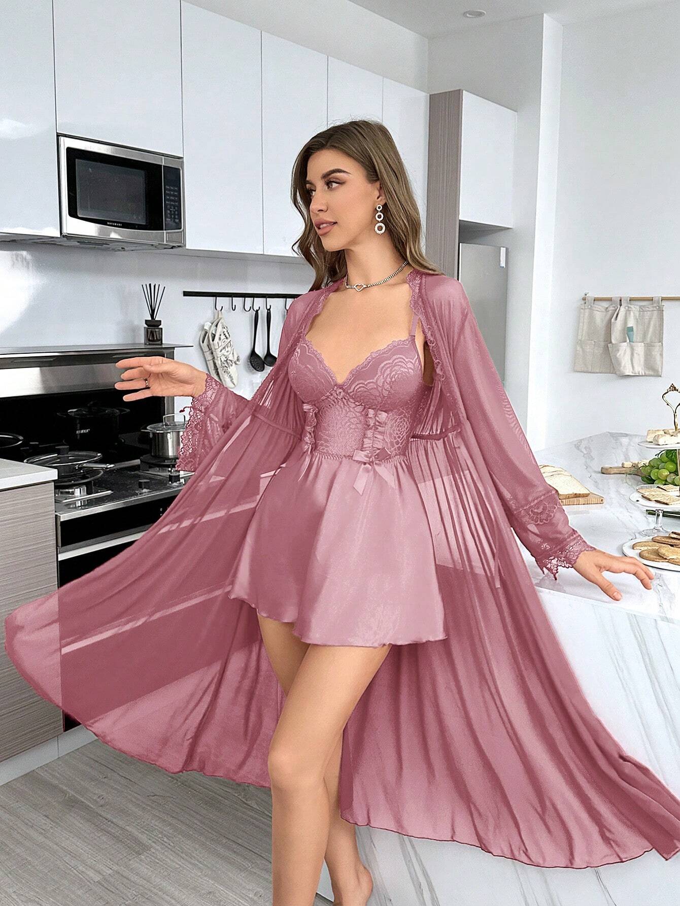 Women Spliced Lace Long Sleeve Robe And Cami Dress Sexy Sleepwear Set Pajama Set Dusty Pink