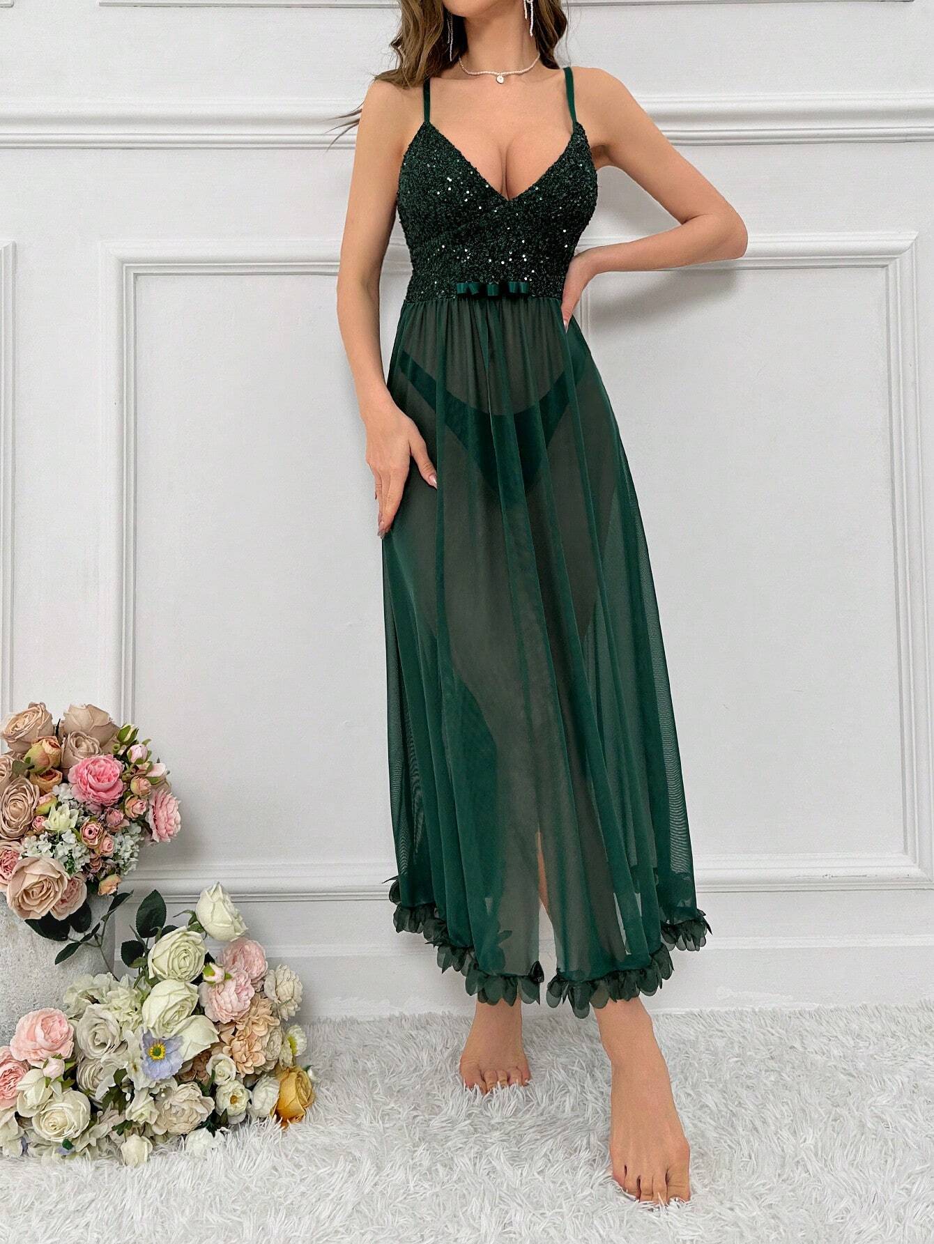 Sequin Patchwork See-Through Mesh Cami Lingerie Pajama Dress