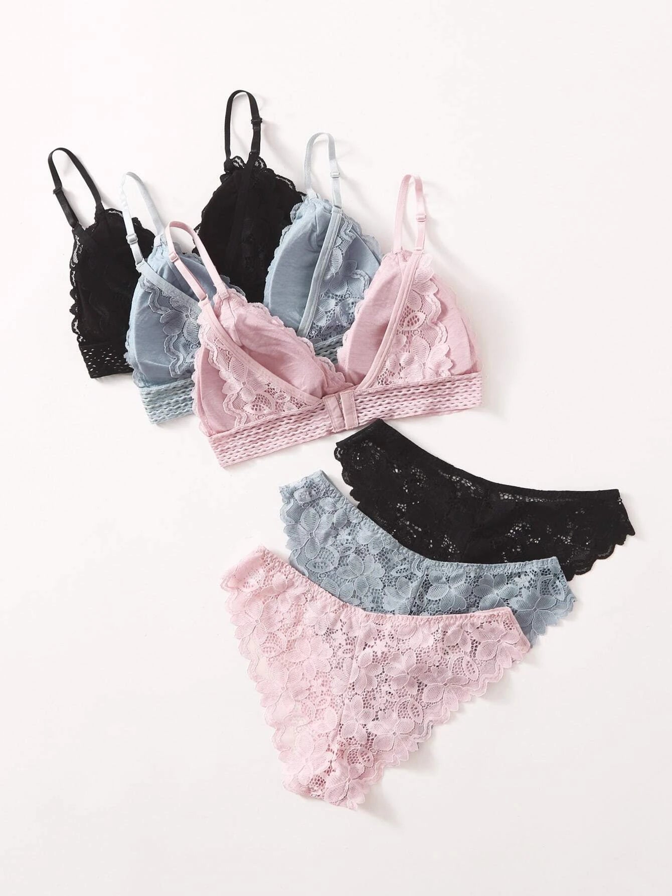 Underwear&amp;Sleepwear Basics 3sets Floral Lace Bra &amp; Panty Lingerie Set