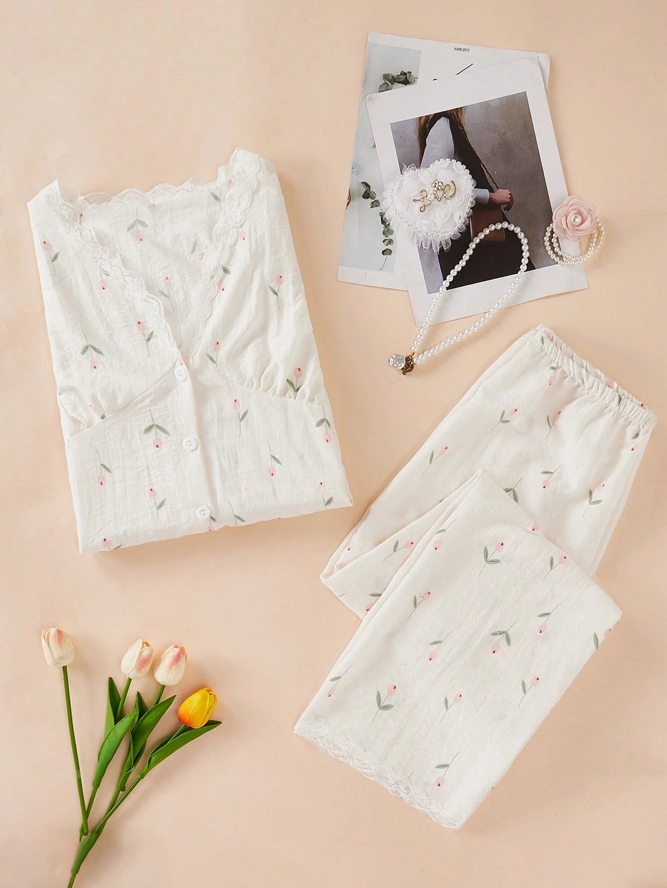 Floral Print Lace Trim PJ Set / Pajama Set White Set