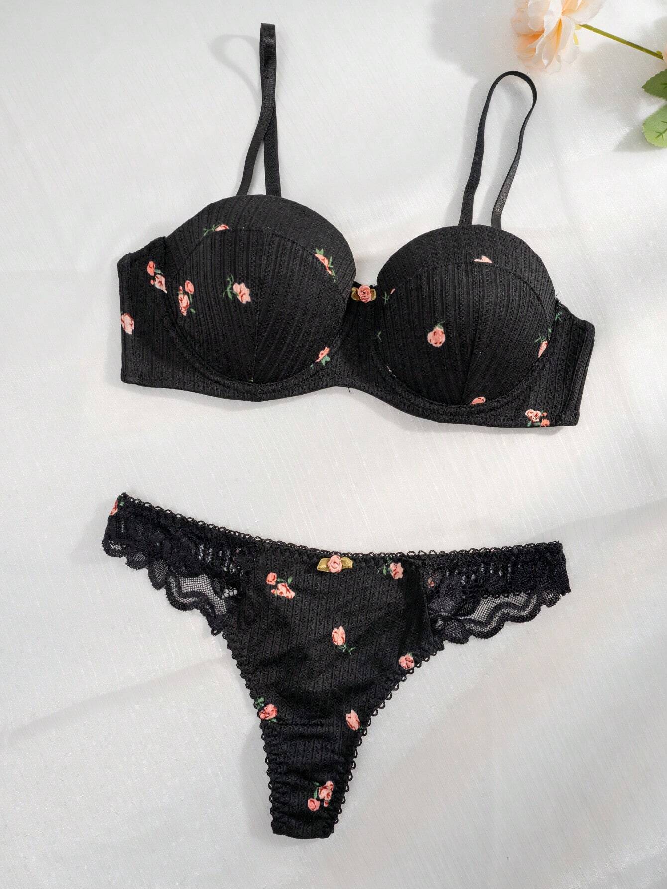 Floral Print Lettuce Trim Underwire Bra &amp; Panty Lingerie Set