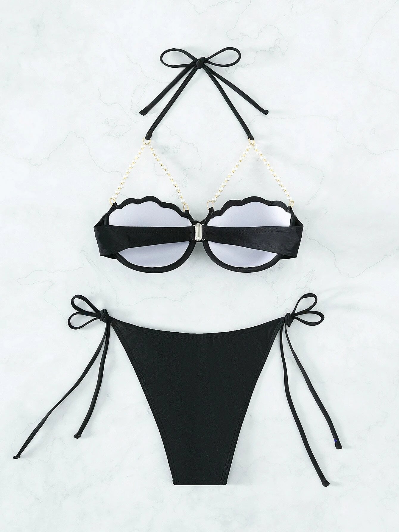Pearl Decor Scallop Trim Push Up Bikini Swimsuit