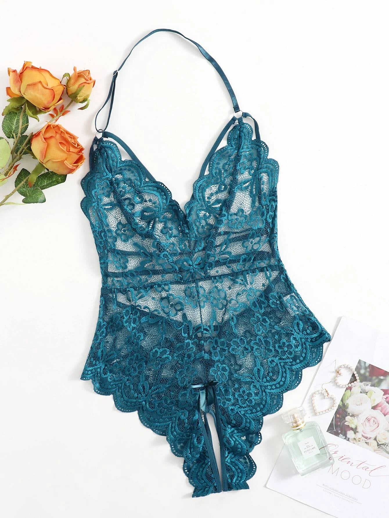 Classic Sexy Floral Lace Scalloped Crotchless Teddy Bodysuit