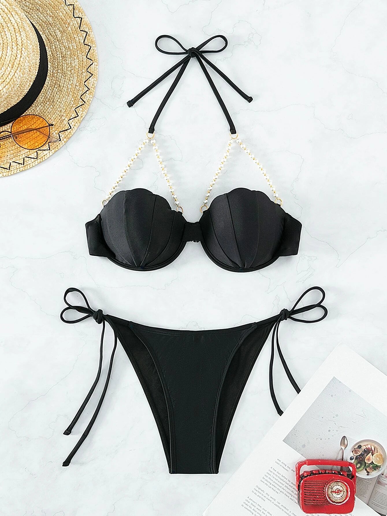 Pearl Decor Scallop Trim Push Up Bikini Swimsuit