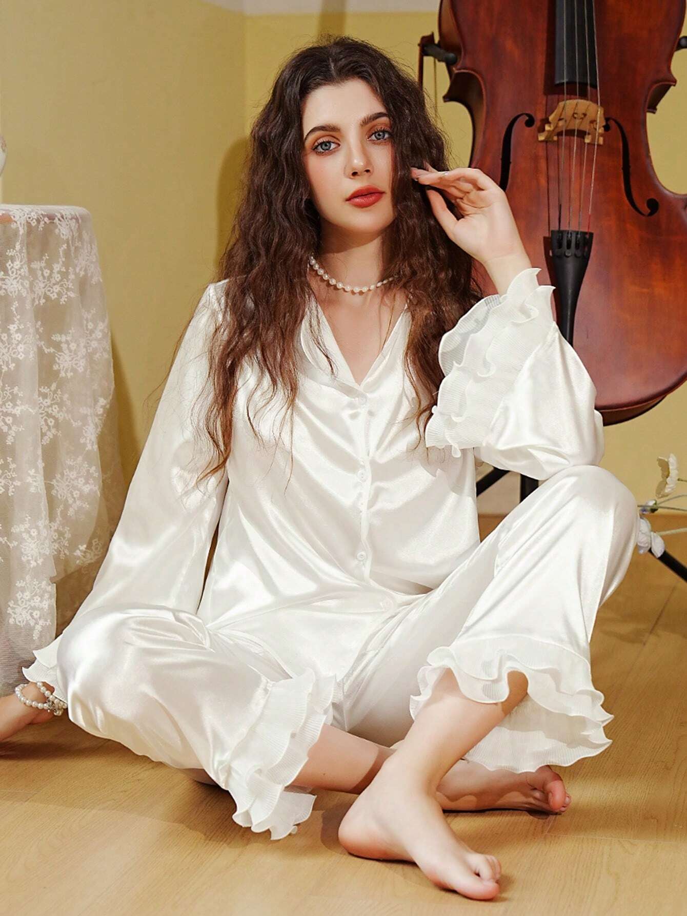 Women's Ruffle Trimmed Romantic Satin Pajama Set