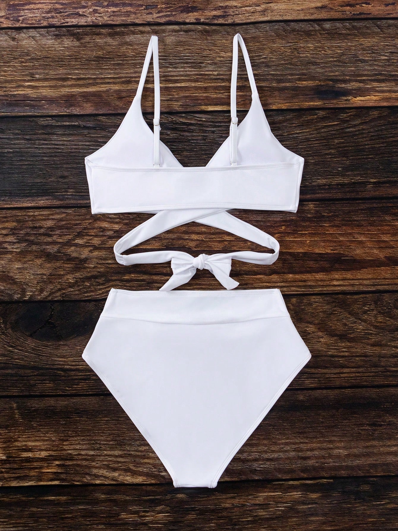 SHEIN Swim Basics Solid Bikini Set Crisscross Tie Back Bra &amp; Overlap High Waisted Bottom 2 Piece Bathing Suit