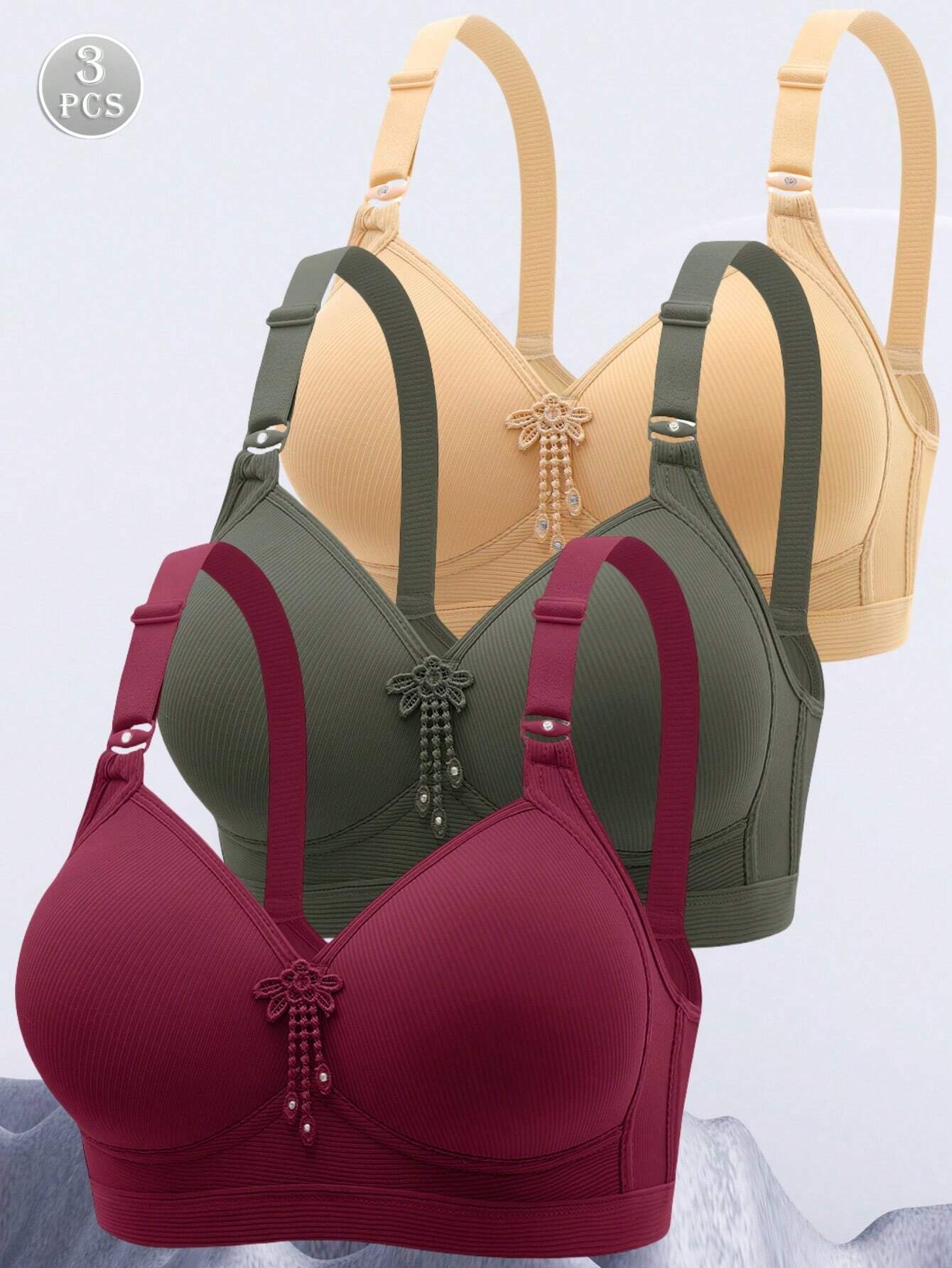 3pcs Women's Solid Color Wireless Comfortable Breathable Push-Up Bra