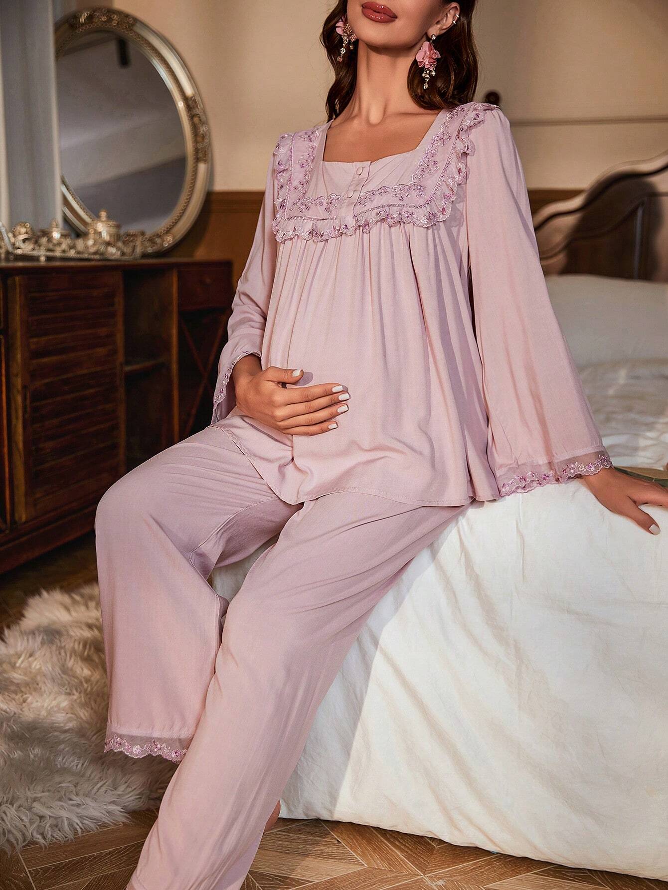 Underwear&amp;Sleepwear Maternity Maternity Lace Trim Square Neck Sleep Top &amp; Adjustable Waist Sleep Pants F