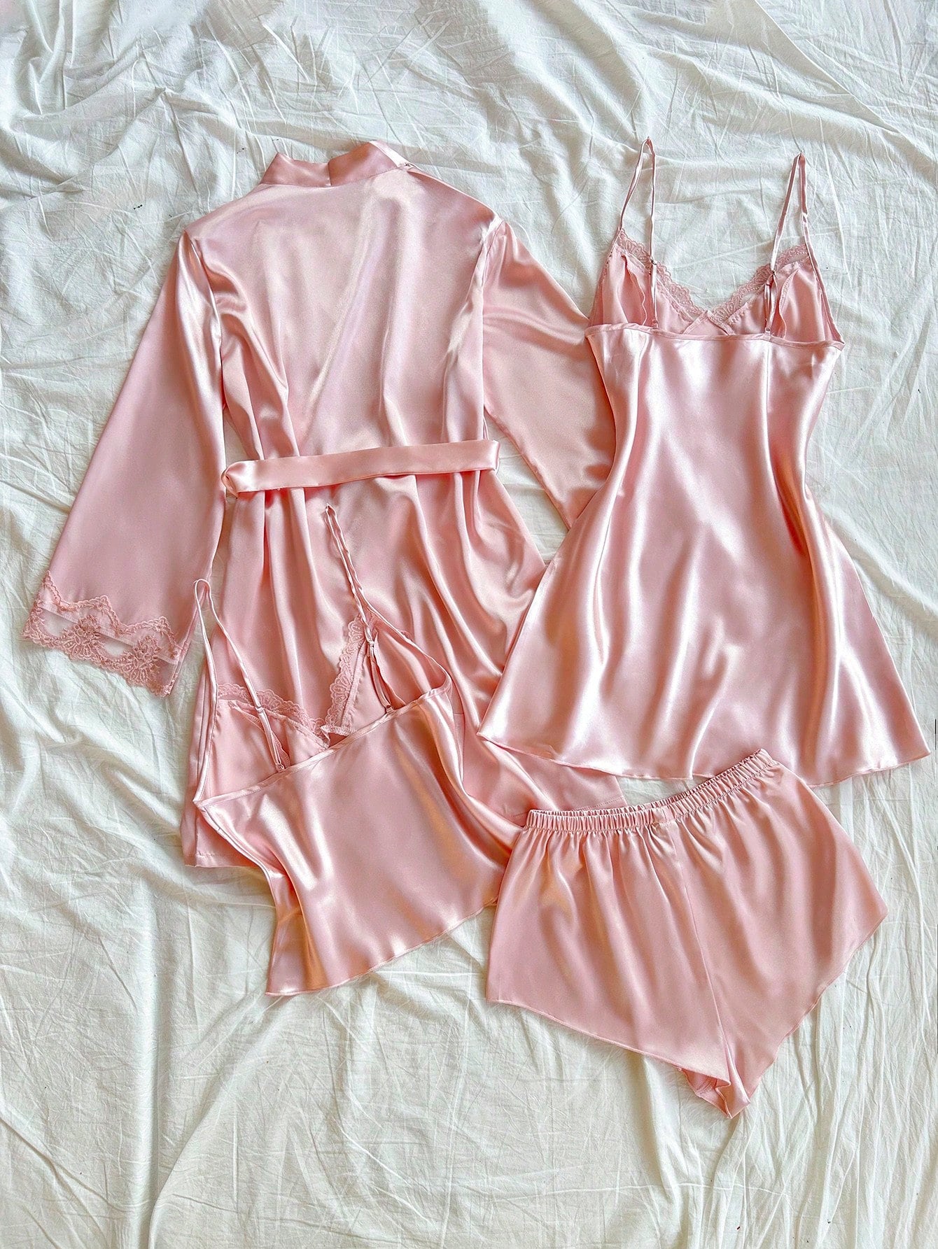 4pcs Set: Embroidered V-Neck Faux Silk Slip Dress