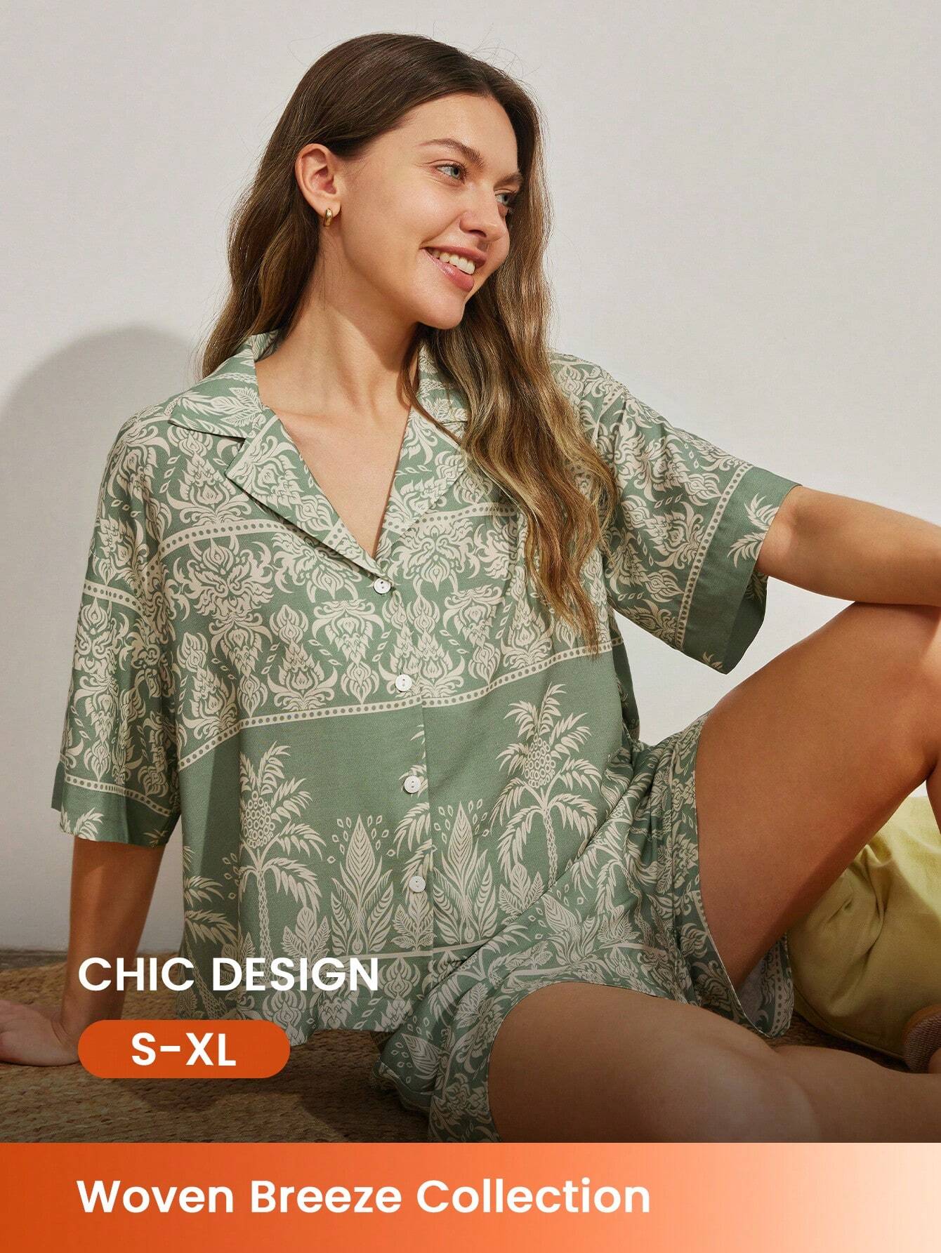 LUVLETTE Lyocell Tencel Rayon Short Tropical Print Casual Lounge Short-Sleeve Short Pantypajama Set