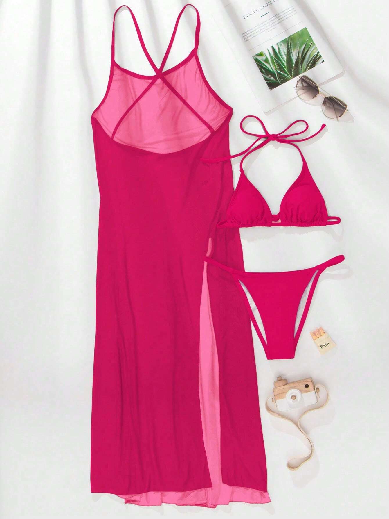 Plain Halter Triangle Bikini Swimsuit With Cover Up