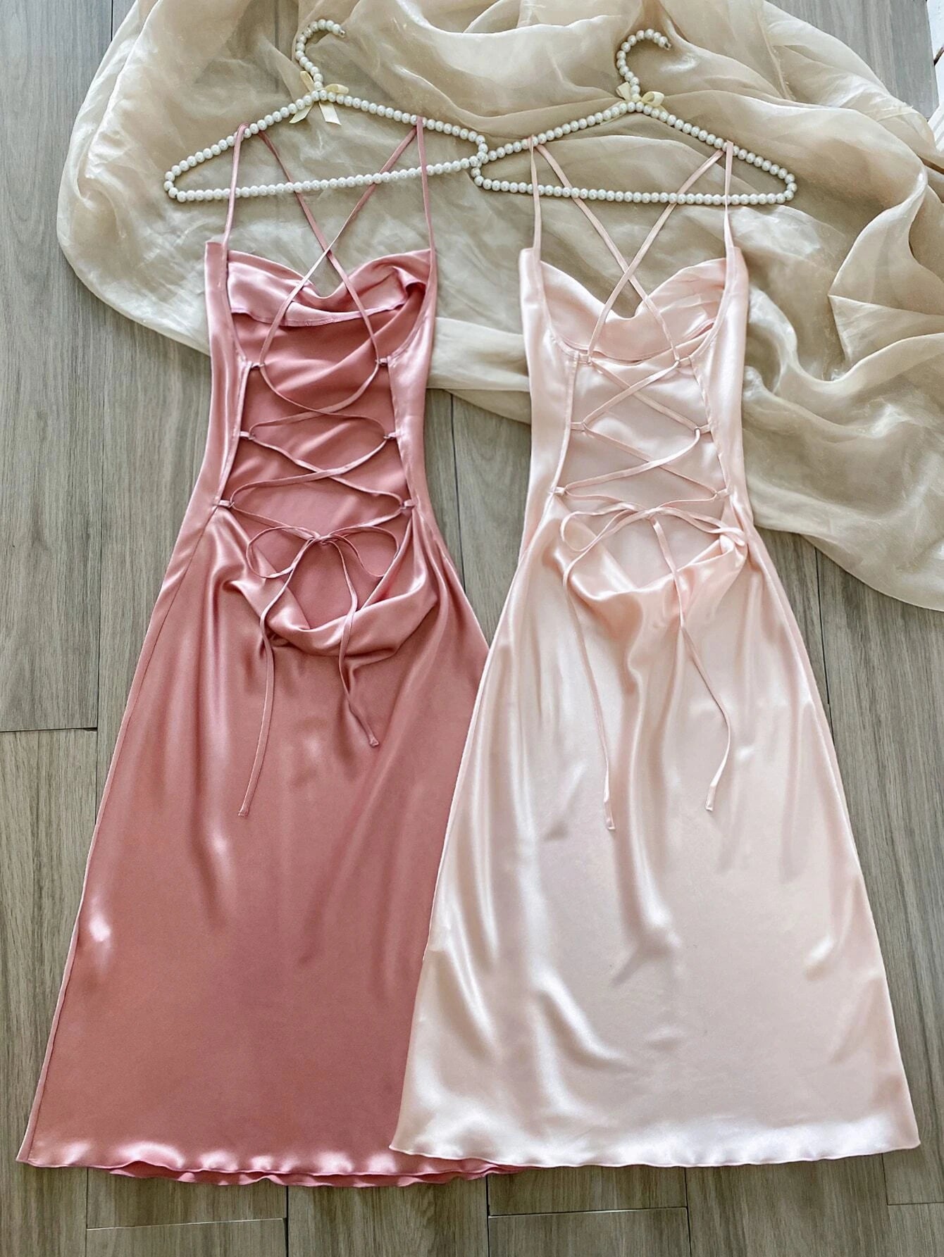 2pcs Lace Up Backless Satin Sleep Dress Pajama Dress