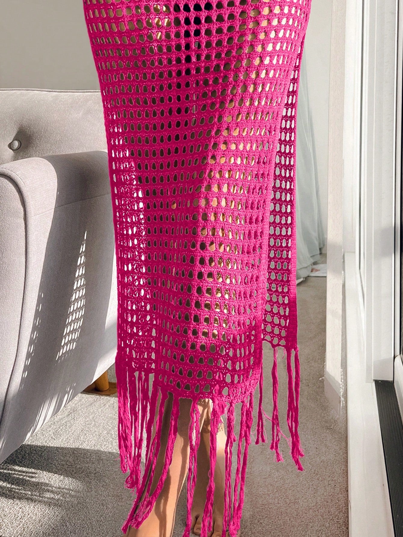 SHEIN Swim BohoFeel Hollow Out Fringe Hem Crochet Cover Up Skirt Without Bikini Bottom