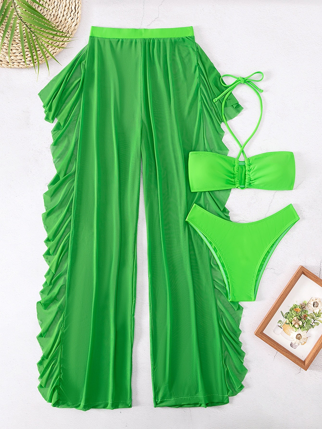 SHEIN Swim SXY Mono Bikini Set Crisscross Halter Wireless Bra Top &amp; High Cut Bikini Bottom &amp; Mesh Cover Up Pants 3 Piece Swimsuit