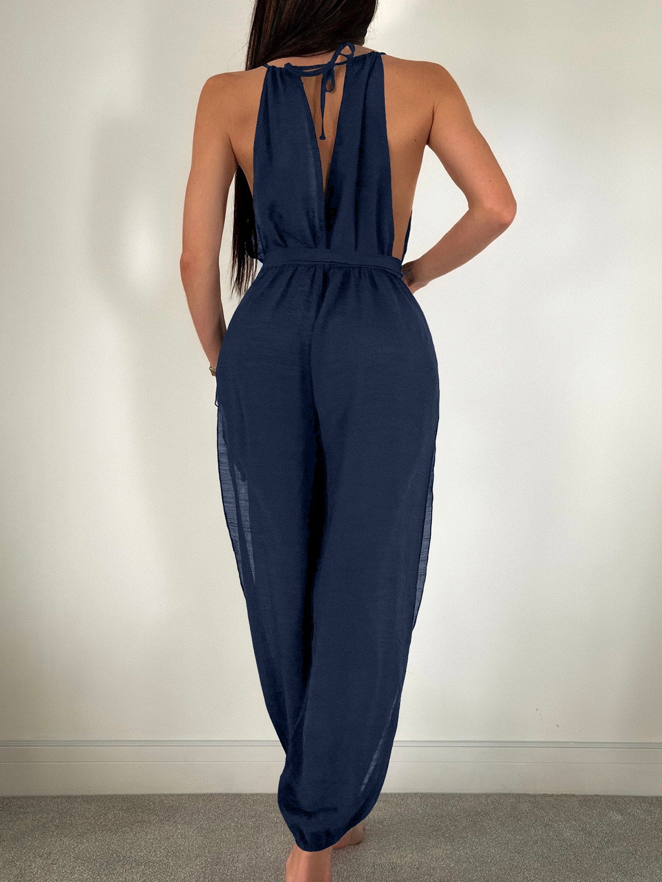 SHEIN Swim Chicsea Solid Split Thigh Belted Halter Neck Cover Up Jumpsuit