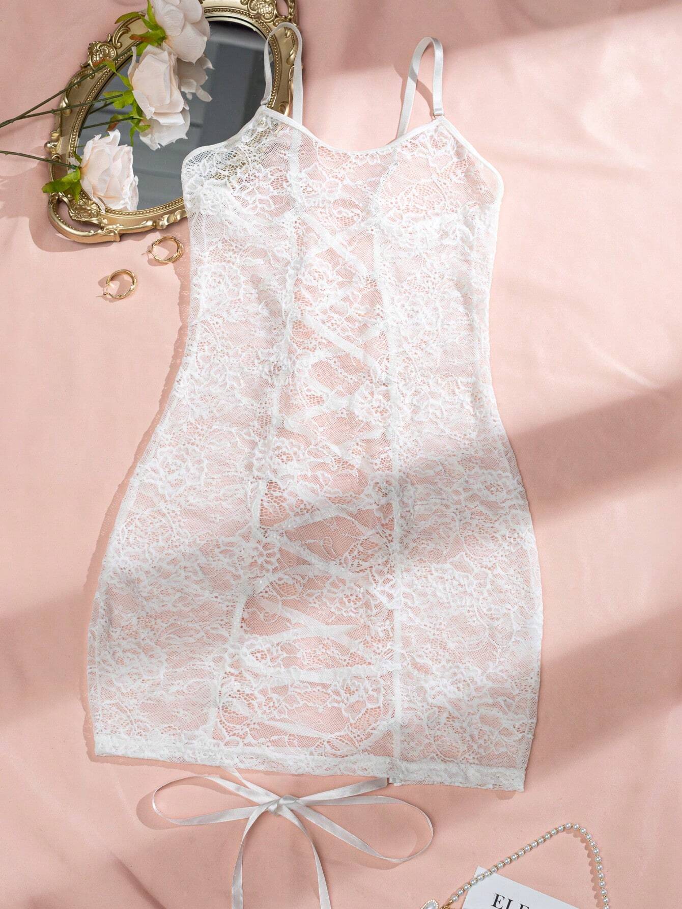 Nina Bonheur 1pc Women's Sexy Lace Backless Cross Strap Bodysuit Dress (Excluding Panties)