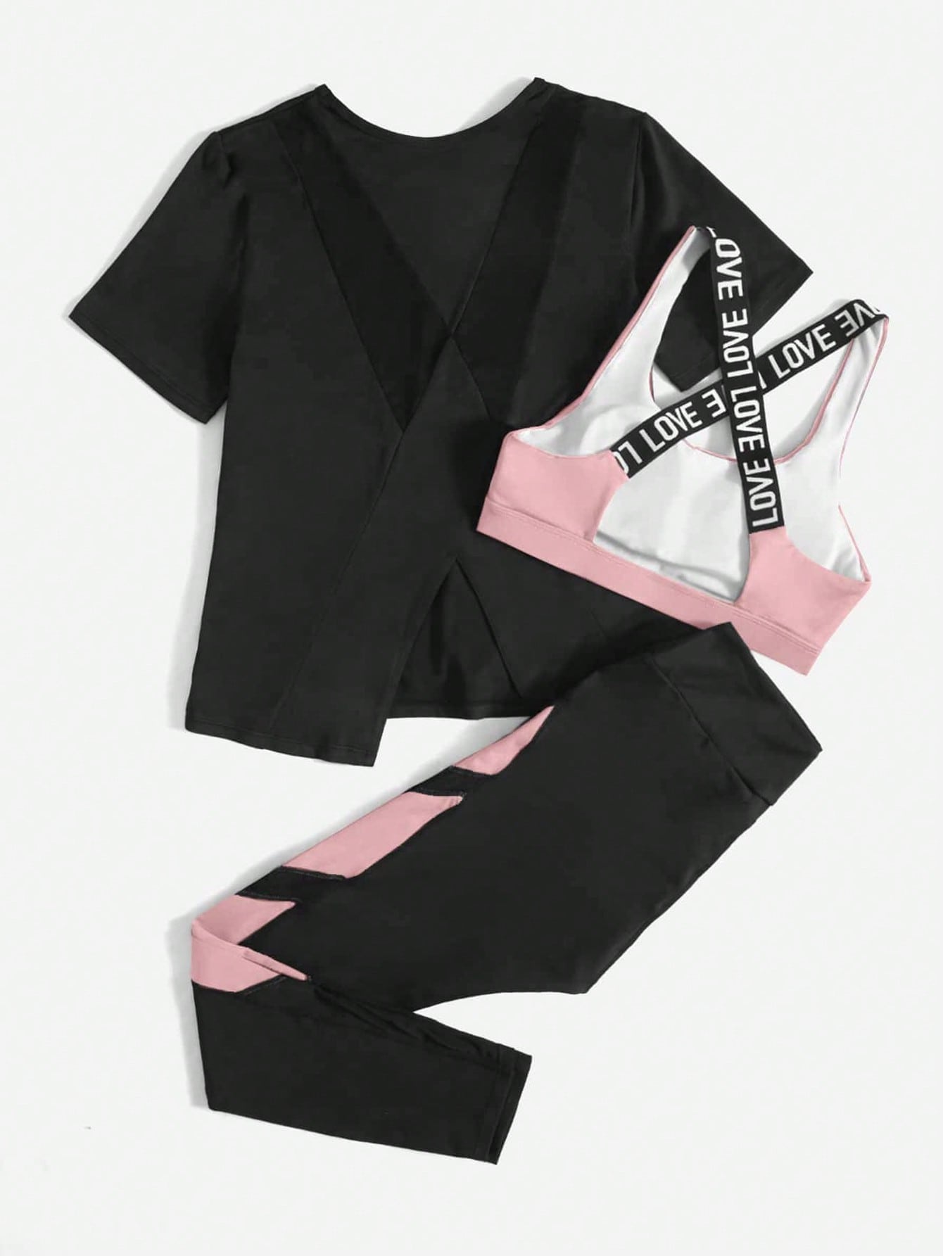 Yoga Future 3pcs Contrast Letter Tape Colorblock Asymmetrical Hem Sports Set