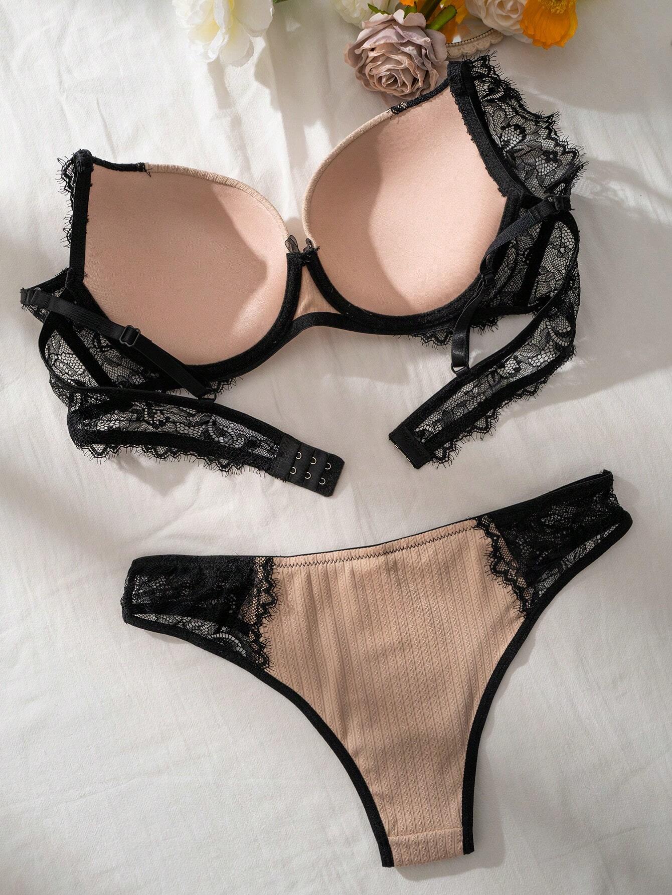 Contrast Lace Underwire Bra &amp; Panty Lingerie Set
