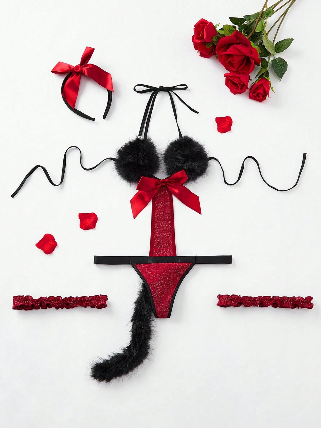 Fantasy Costume 4pcs/Set Sexy Kitty Cat Design Shiny Plush Women Lingerie Costume