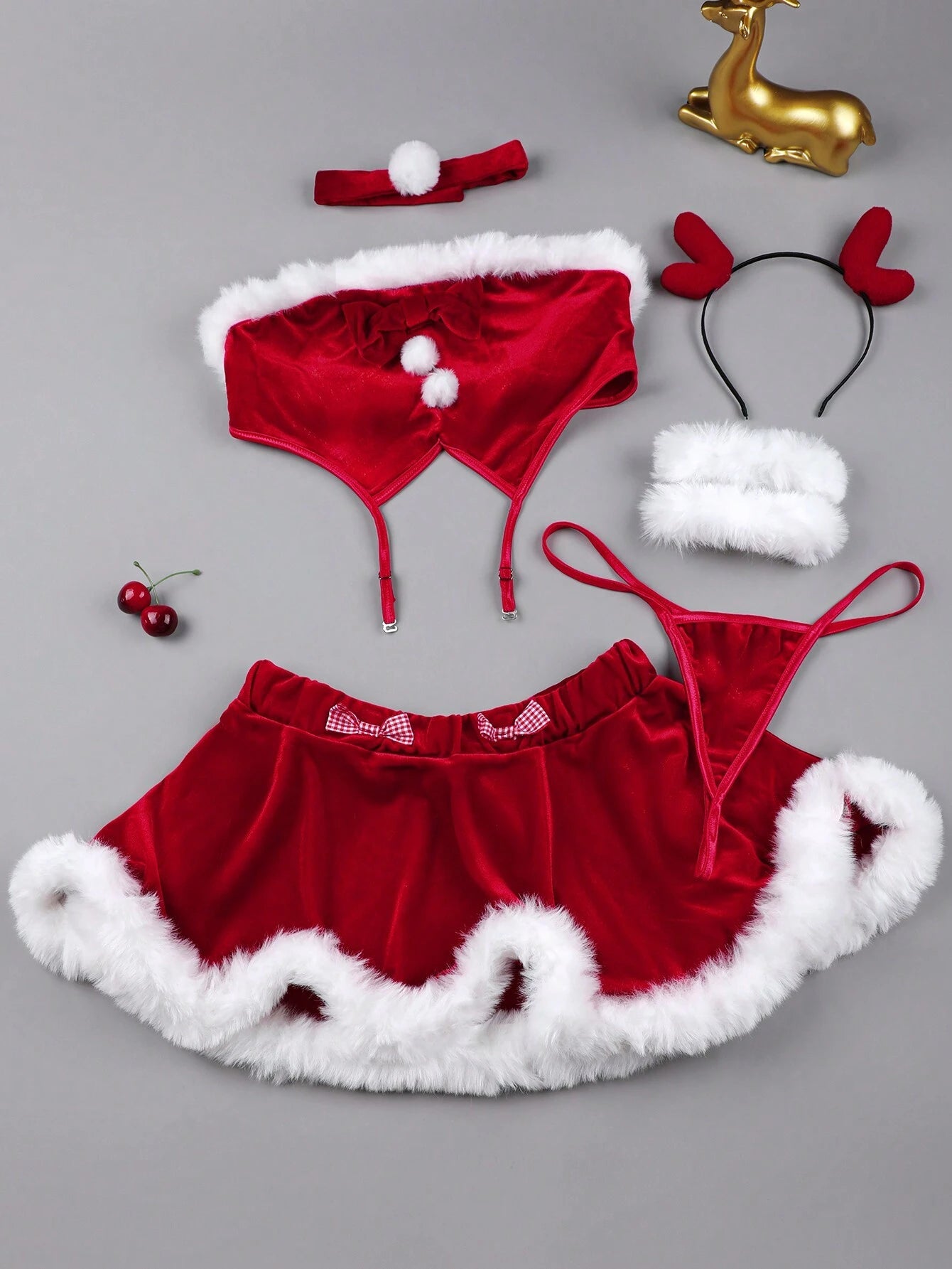 Sexy Lingerie, 7pc - Christmas Red Top + Short Skirt + T Pants + Headband + Armband *2 + Neck Ring