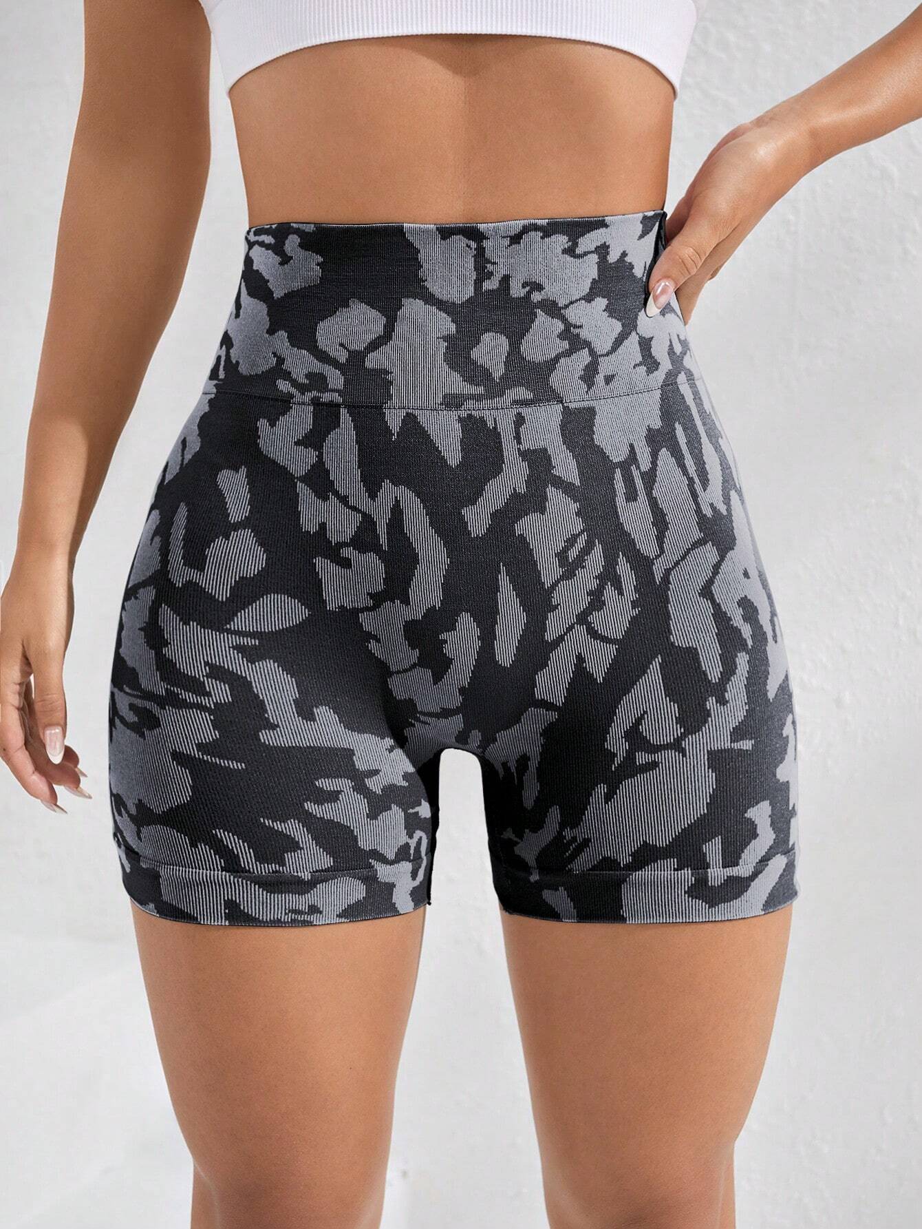 Yoga Trendy Camo Print Wideband Waist Sports Shorts Blue Shorts