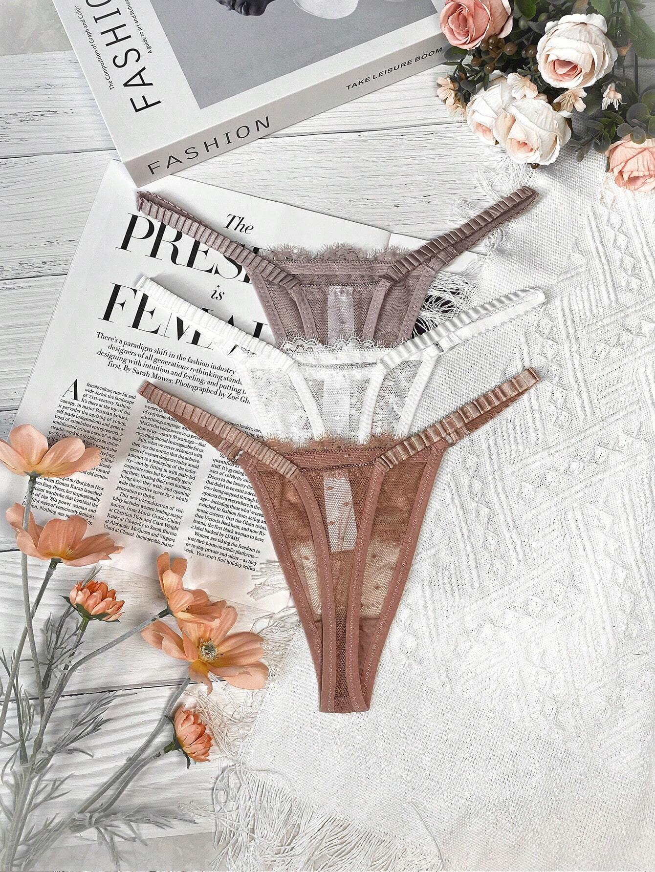 Women's Contrast Lace Bow Decor Sexy Thong Panties