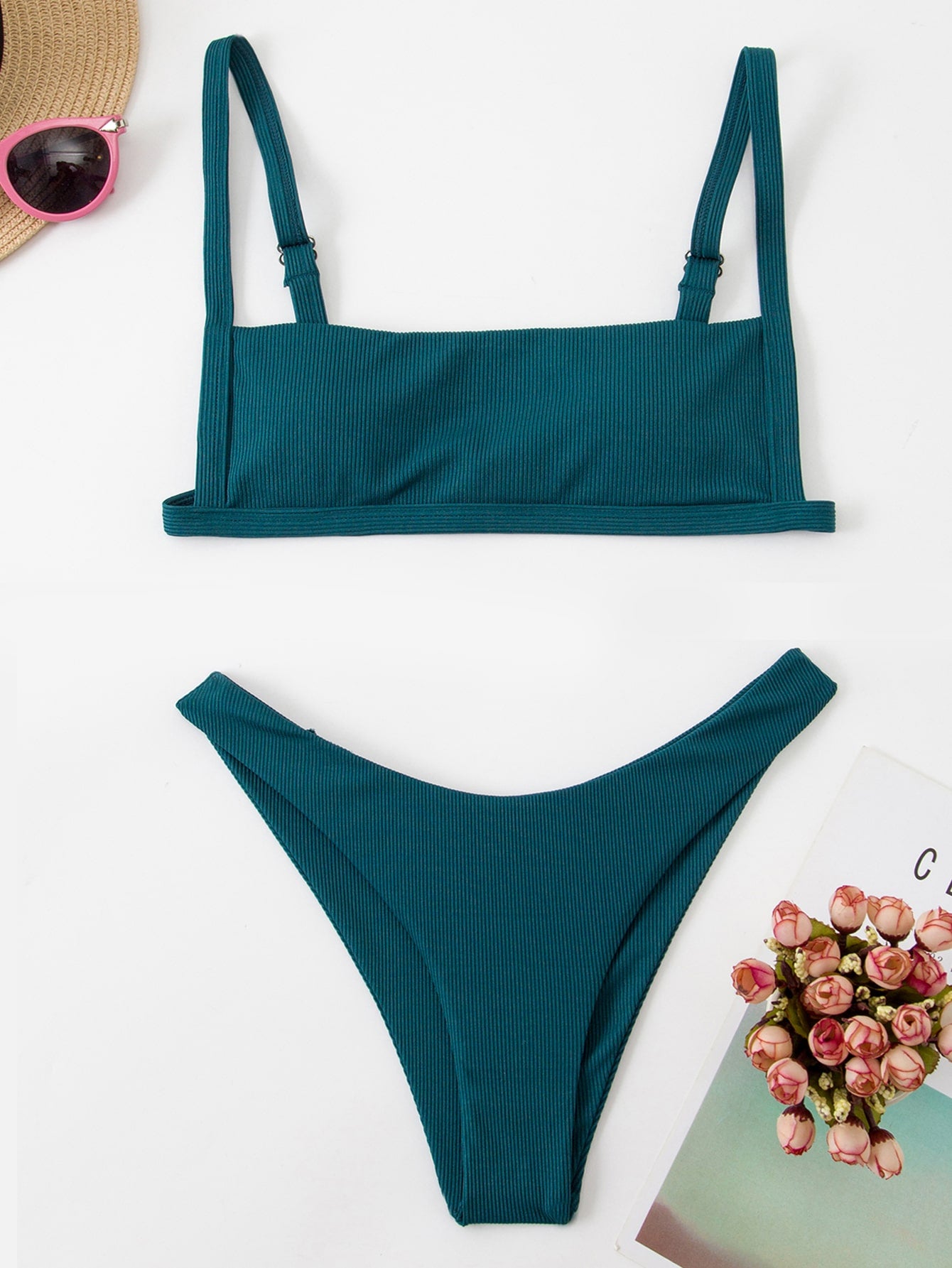 Rib High Cut Bikini Swimsuit Dark Green