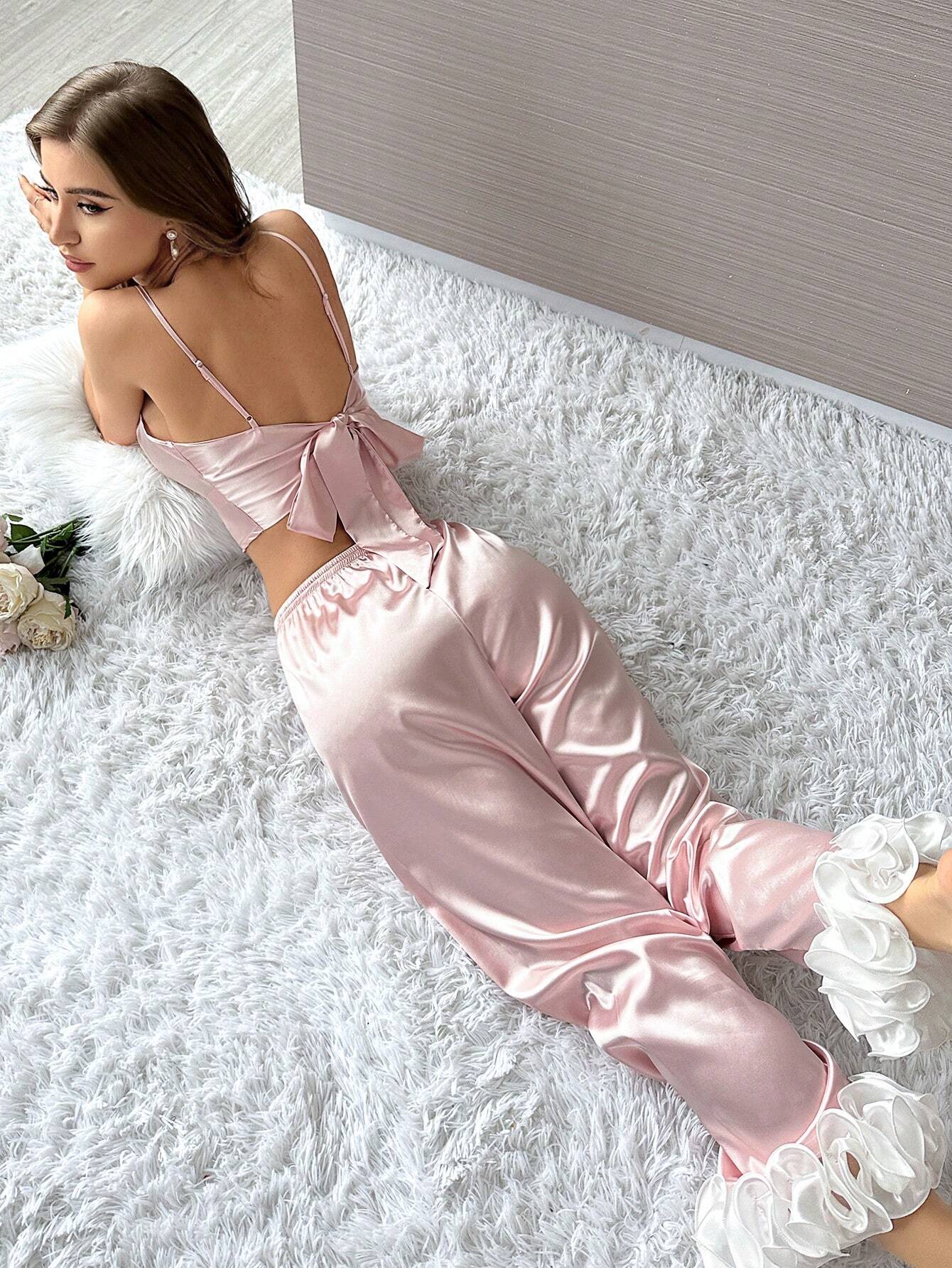 SilkySpell Simulated Silk Knotted Strap Contrasting Color 3D Flower Print Pajama Set With Long Pants