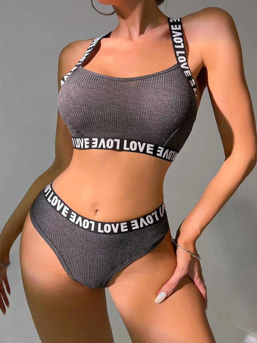 Letter Tape Rib Lingerie Set