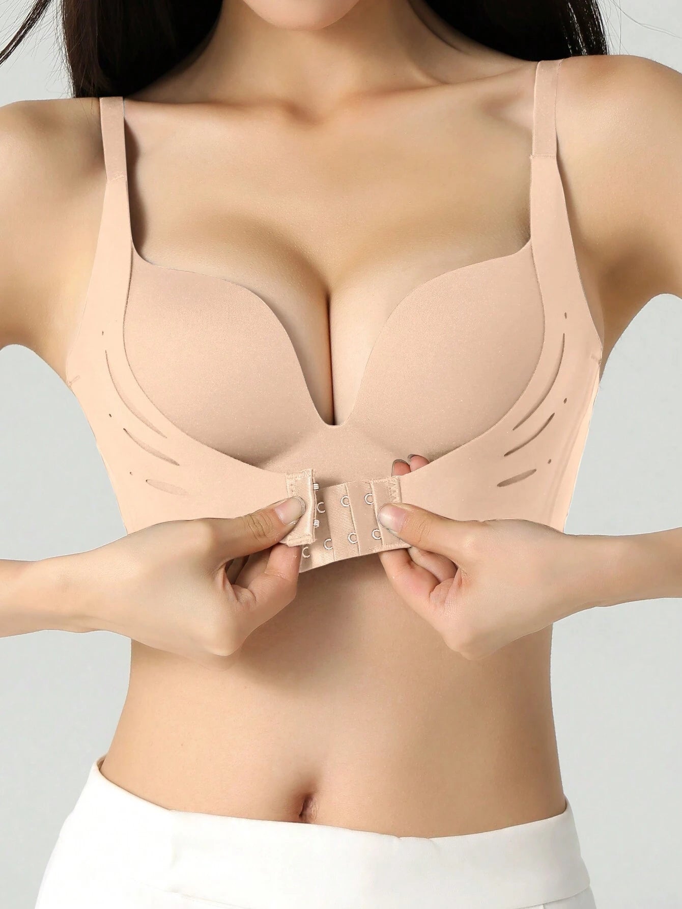 Brown Front Close No Wire Padded Push-Up Bra For Flat Chest Women