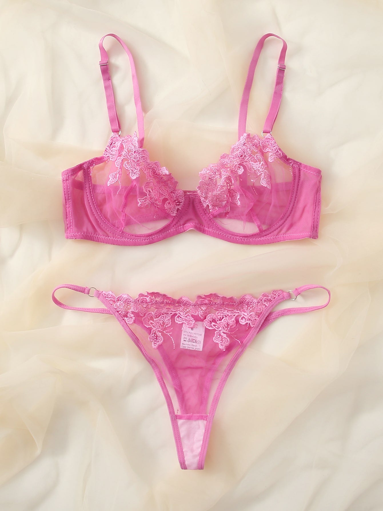 Floral Embroidery Mesh Underwire Lingerie Set Pink