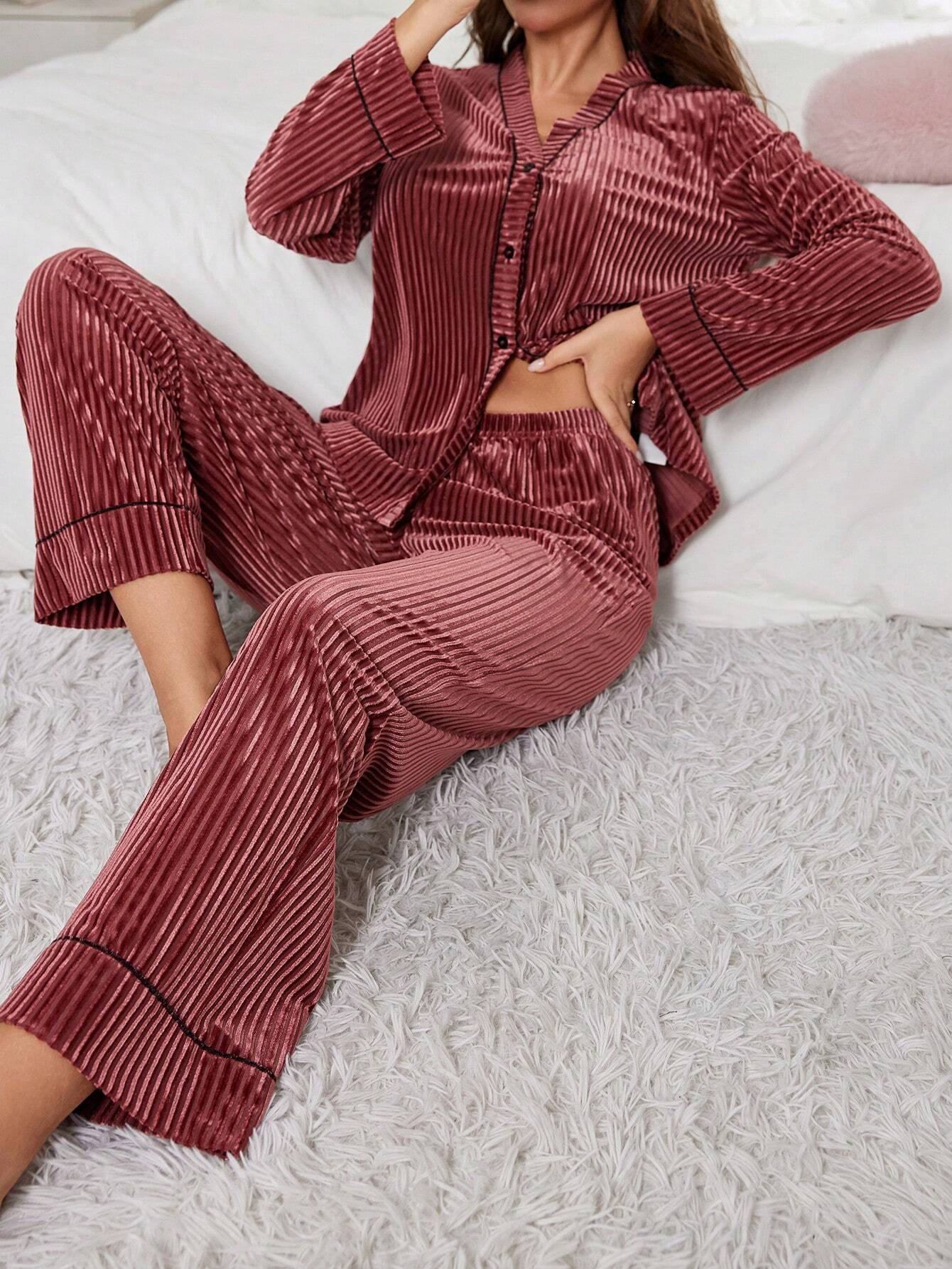 Women Velvet Button-Up Long Sleeve Pajama Set