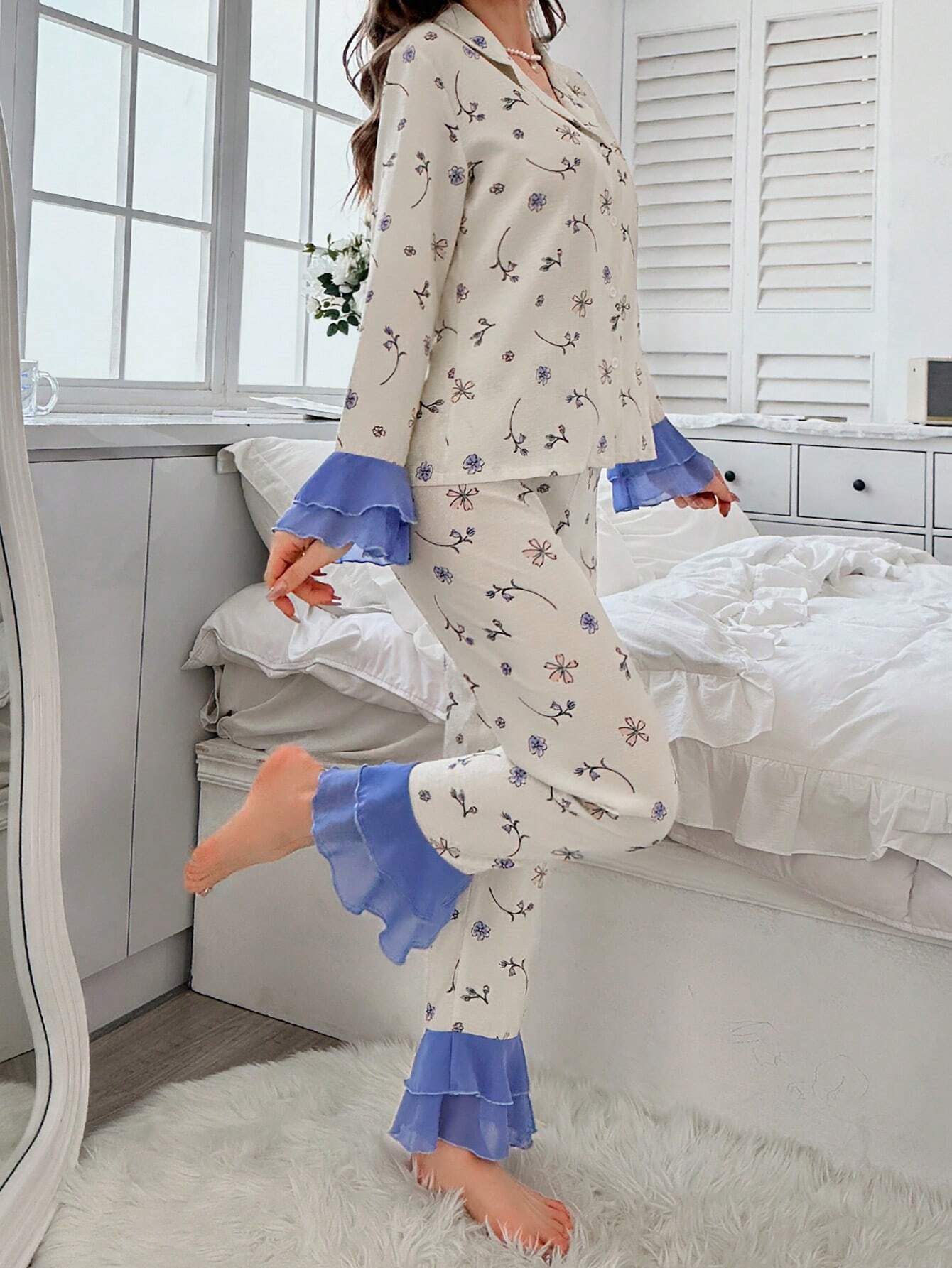 Floral Print Flare Sleeve Ruffle Hem PJ Set