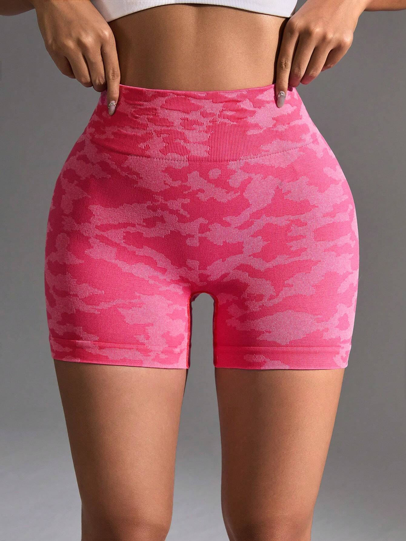 Yoga Trendy Camo Print Wideband Waist Sports Shorts Blue Shorts