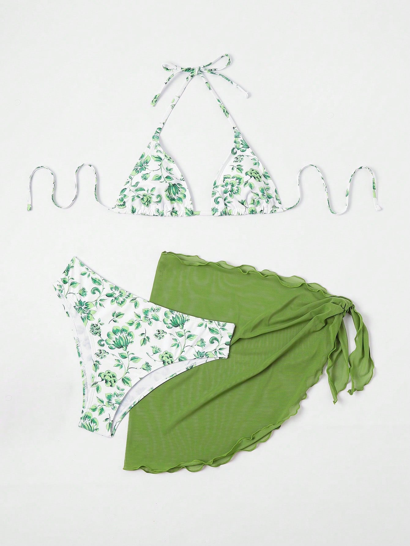 SHEIN Swim Mod Floral Print Halter Triangle Bikini Swimsuit With Beach Skirt