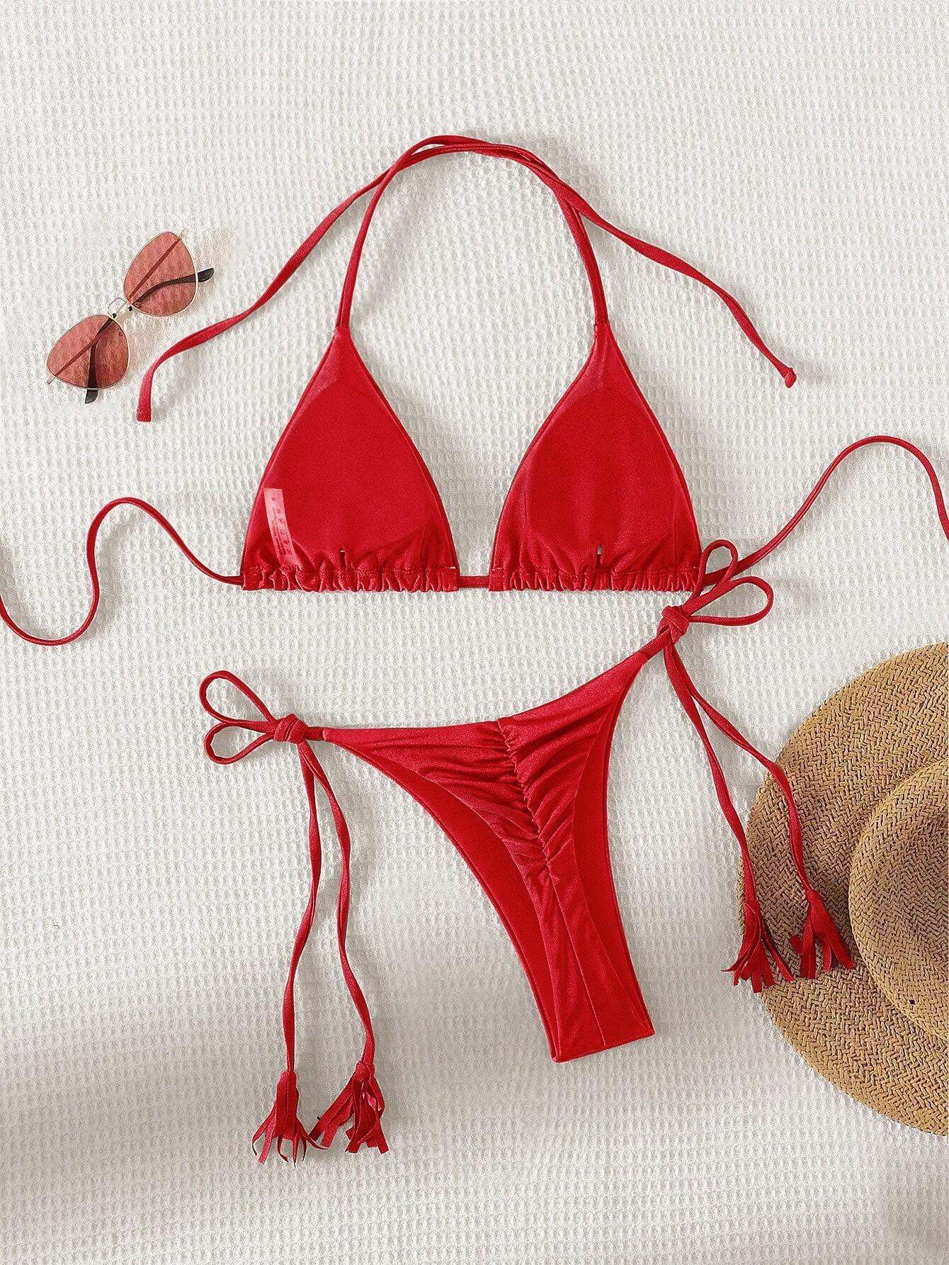 Women's Solid Color Halter Strap Separated Swimsuit Set Carnival Red