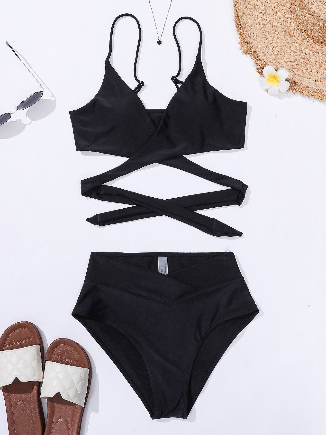 SHEIN Swim Basics Solid Bikini Set Crisscross Tie Back Bra &amp; Overlap High Waisted Bottom 2 Piece Bathing Suit