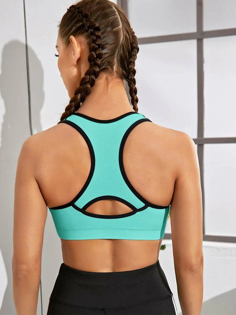 Cut Out Racer Back Contrast Binding Sports Bra Mint Blue