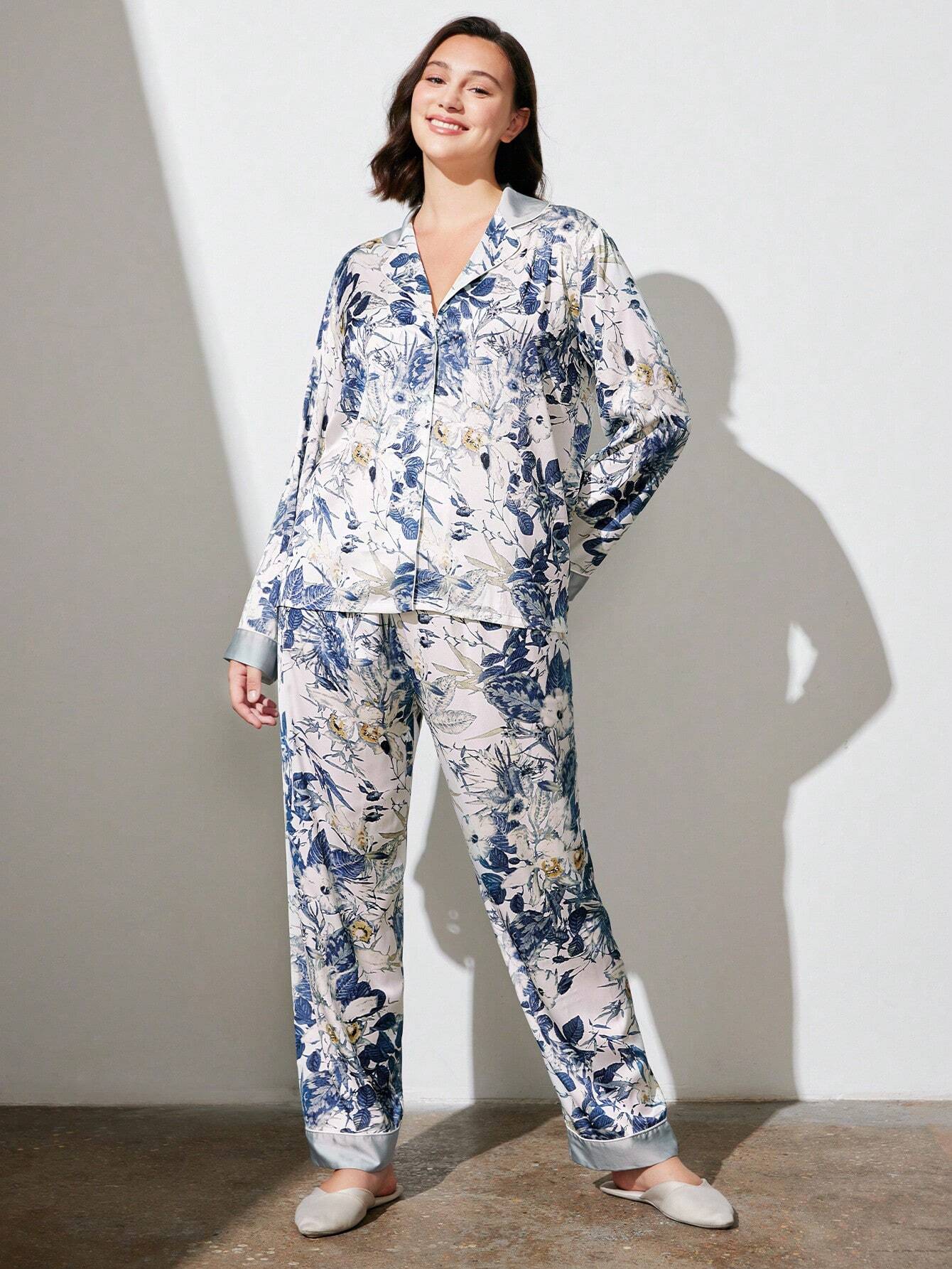 LUVLETTE Satin Floral Long-Sleeve Button-Up &amp; Pants Pajama Set